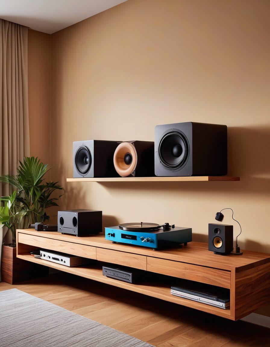 A modern home audio setup featuring high-end speakers, headphones, and a sleek turntable on a stylish wooden shelf, with colorful sound waves visually emanating from the equipment. Include a cozy room ambiance with warm lighting and music-themed decor, suggesting an immersive listening experience. super-realistic. vibrant colors. cozy atmosphere.