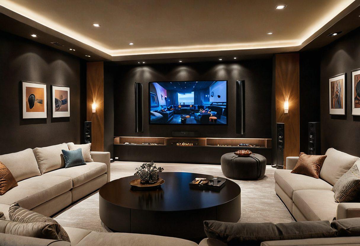 A modern living room featuring an elegant home theater setup, showcasing the latest audio technology with sleek speakers and immersive sound panels. Include a cozy seating area with plush couches and ambient lighting to create a warm atmosphere. Add decorative elements like vinyl records and soundwave art on the walls to emphasize the audio trends theme. super-realistic. vibrant colors. warm lighting.