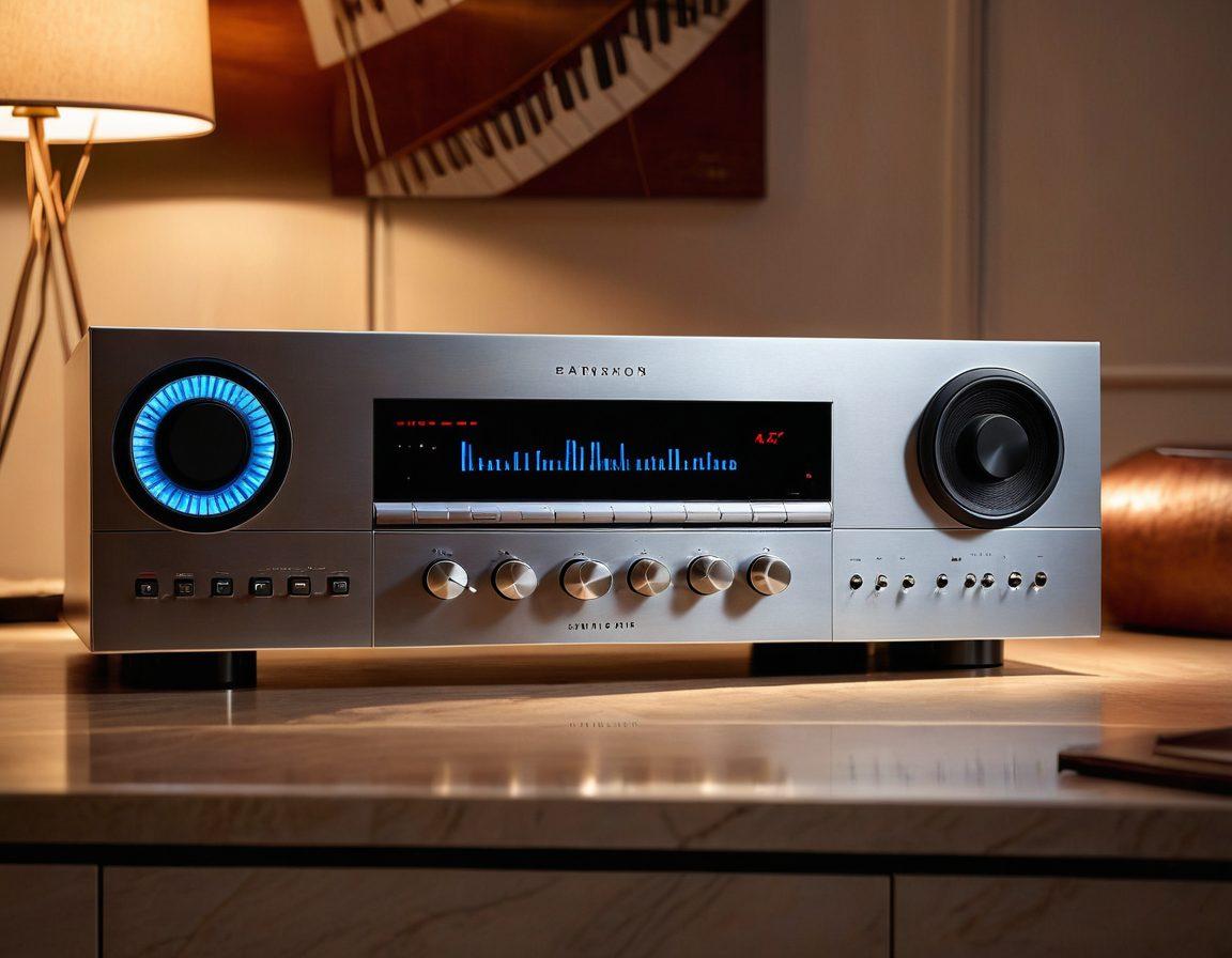 A close-up of a high-end stereo system featuring sleek knobs and glowing display, surrounded by elegant speakers emanating musical notes in vibrant colors. Include a cozy listening space with soft lighting and plush seating in the background. Capture the essence of enjoying music in a luxurious home environment. super-realistic. vibrant colors. cozy atmosphere.